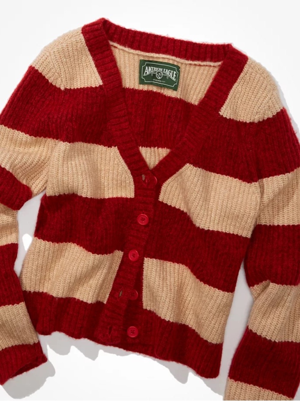 American Eagle Outfitters Red and Beige Striped V-Neck Cardigan